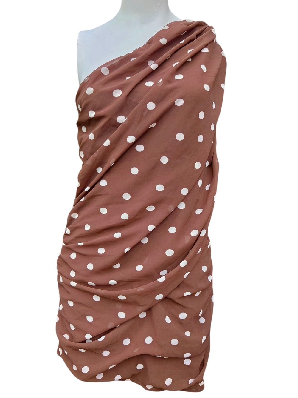 Abercrombie & Fitch One-Shoulder Polka Dot Dress — Brown & White SMALL